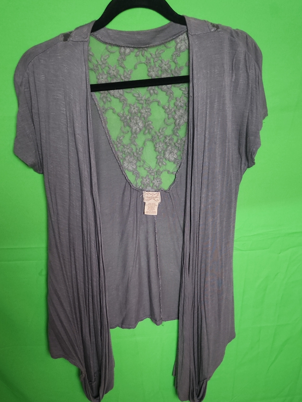 Eyelash Couture Short Sleeve Lace Back Open Cocoon Cardigan Gray Small